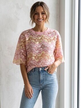 ZARA Lace Floral Crop Blouse Pink White Women Medium Boho Feminine Top
